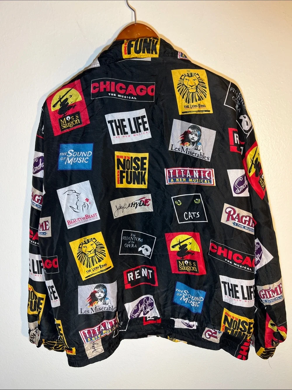Duda International Black Broadway Playbills Silk Bomber Jacket Large XL